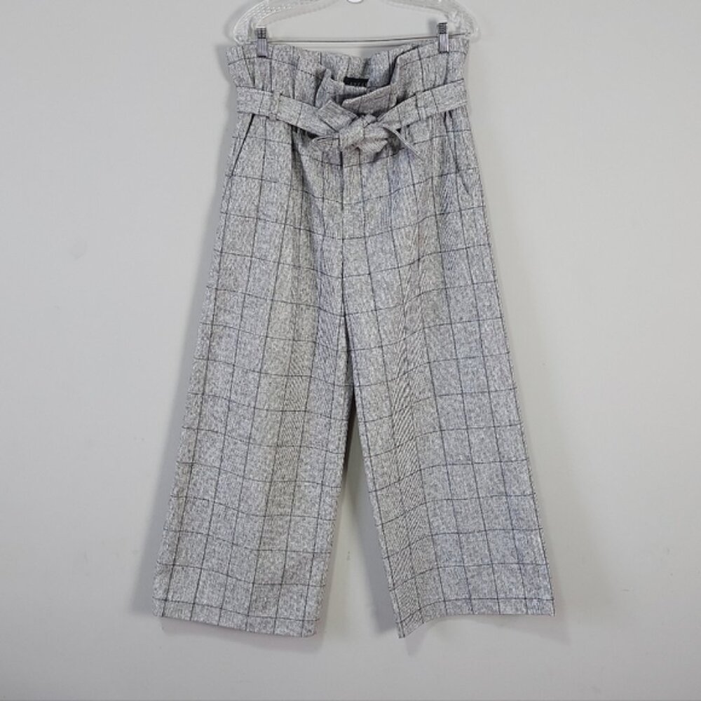 Laveer Boho Chic Paperbag Heathered Plaid Pant Size 12 Gray Tie Belt Wide Leg